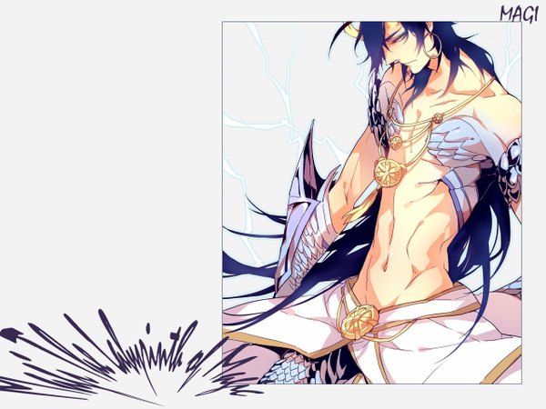 Anime picture 1280x960 with magi the labyrinth of magic a-1 pictures sinbad (magi) kottie single long hair looking at viewer light erotic simple background bare shoulders yellow eyes blue hair profile inscription grey background midriff framed lightning boy gloves