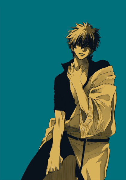 Anime picture 700x1001 with gintama sunrise (studio) sakata gintoki 2poinco single tall image looking at viewer short hair open mouth black hair simple background traditional clothes multicolored hair grey hair black eyes two-tone hair partially open clothes twisty sleeves boy open kimono