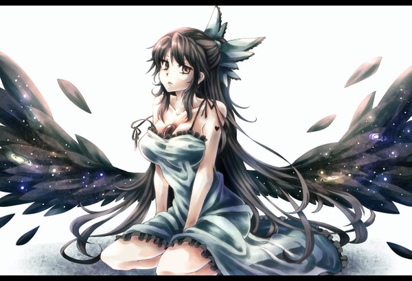 Anime picture 1315x900 with touhou reiuji utsuho namuko (artist) long hair black hair white background brown eyes girl dress bow hair bow wings feather (feathers)
