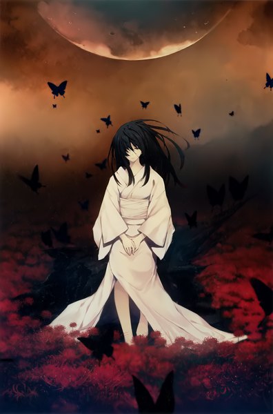 Anime picture 2639x4000 with cartagra kouzuki kazuna sugina miki single long hair tall image looking at viewer fringe highres black hair traditional clothes japanese clothes wind black eyes scan hair over one eye official art bare legs dark background hands clasped