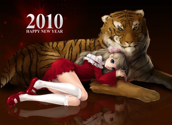 Anime picture 2000x1457 with original kunishige keiichi long hair highres blue eyes blonde hair hair flower new year lolita fashion happy new year 2010 girl thighhighs dress hair ornament animal white thighhighs tiger