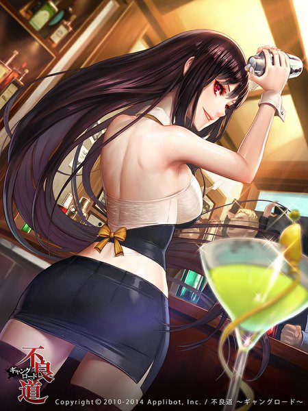 Anime picture 750x1000 with furyou michi ~gang road~ remana single long hair tall image black hair smile red eyes bare shoulders looking back back girl thighhighs dress black thighhighs drink