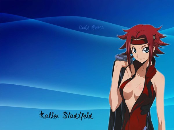 Anime picture 1600x1200 with code geass sunrise (studio) kallen stadtfeld single blue eyes light erotic red hair no bra girl