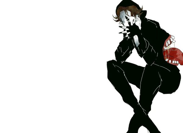 Anime picture 1232x896 with spirited away studio ghibli no face (spirited away) single short hair open mouth simple background brown hair white background sitting nail polish crossed legs saliva open collar boy gloves earrings tongue hood mask