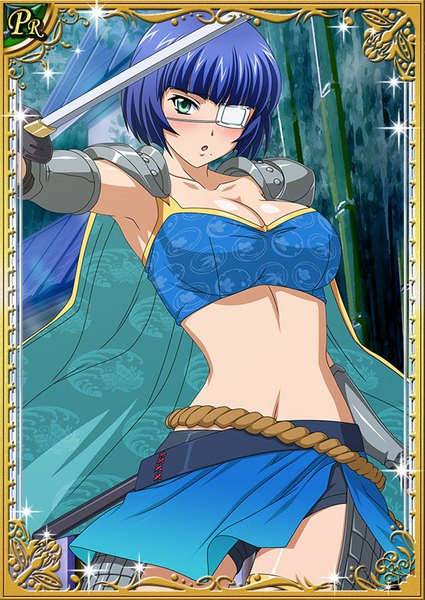 Anime picture 567x800 with ikkitousen ryomou shimei single tall image looking at viewer fringe short hair breasts light erotic large breasts green eyes blue hair cleavage mole :o midriff mole under mouth girl navel belt