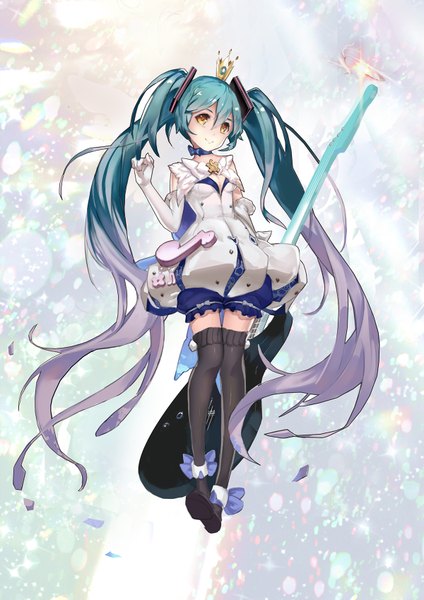Anime picture 1200x1698 with vocaloid hatsune miku rabbit (tukenitian) single tall image looking at viewer smile twintails yellow eyes very long hair multicolored hair green hair grey hair gradient hair girl thighhighs black thighhighs crown clothes mini crown