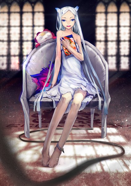 Anime picture 2480x3508 with original el-zheng long hair tall image highres open mouth blue eyes sitting bare shoulders absurdres white hair barefoot girl hair ornament hairclip toy stuffed animal sundress armchair