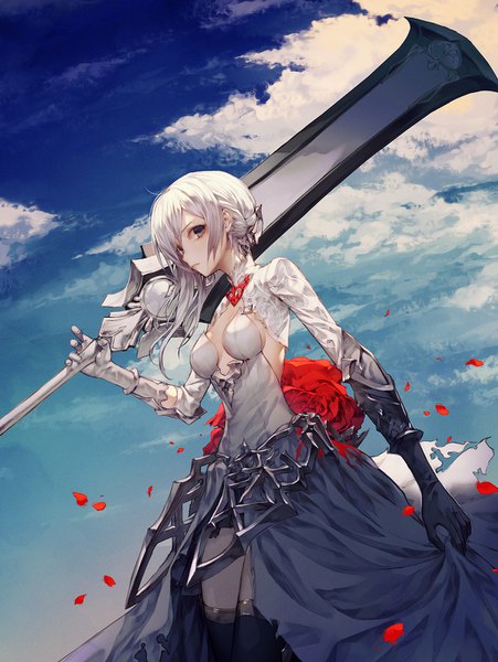 Anime picture 1128x1500 with sinoalice snow white (sinoalice) wanke single long hair tall image looking at viewer fringe standing holding sky cleavage cloud (clouds) outdoors white hair black eyes weapon over shoulder girl thighhighs dress