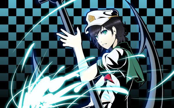 Anime picture 1600x1000 with touhou murasa minamitsu gayprince single short hair black hair wide image green eyes checkered background girl hat cap anchor