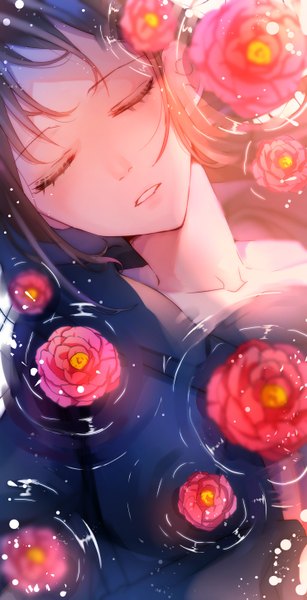 Anime picture 1484x2893 with original ume neko (otaku-nyanko) single long hair tall image brown hair bare shoulders lying eyes closed parted lips head tilt from above on back underwater ripples girl dress flower (flowers) water camellia (flower)