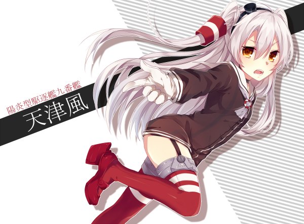 Anime picture 1200x886 with kantai collection amatsukaze destroyer oranggila12 single long hair looking at viewer open mouth white hair orange eyes two side up girl thighhighs gloves hair ornament hat white gloves hair tubes sailor suit mini hat mini top hat