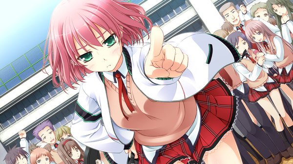 Anime picture 2560x1440 with shunki gentei poco a poco ninomae sakura kazami haruki blush highres short hair wide image green eyes pink hair game cg girl uniform school uniform