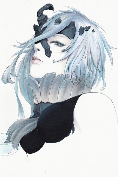 Anime picture 626x942 with kantai collection ne-class heavy cruiser ko (kichidere) single tall image looking at viewer fringe short hair simple background white background silver hair parted lips aqua eyes lips looking down portrait asymmetrical hair shinkaisei-kan girl armor