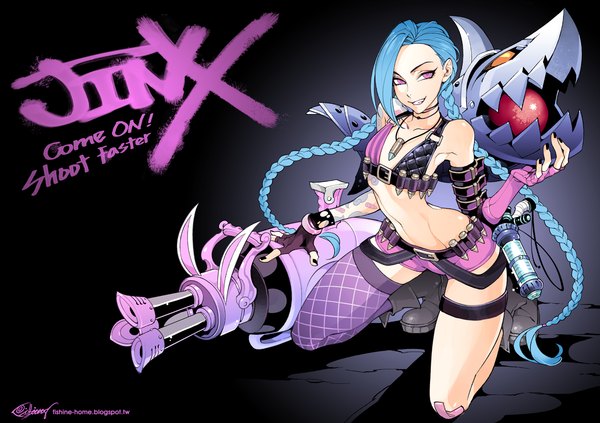 Anime picture 1290x911 with league of legends jinx (league of legends) fishine single looking at viewer light erotic smile sitting bare shoulders braid (braids) very long hair pink eyes aqua hair midriff tattoo twin braids kneeling text dark background english