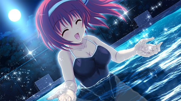 Anime picture 1024x576 with love-bride eve single short hair open mouth light erotic wide image game cg red hair eyes closed girl swimsuit moon pool