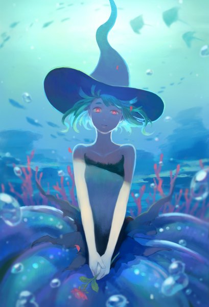 Anime picture 682x1000 with original hiko (scape) tall image looking at viewer short hair red eyes bare shoulders aqua hair underwater girl dress flower (flowers) hat animal water black dress rose (roses) witch hat fish (fishes) red rose