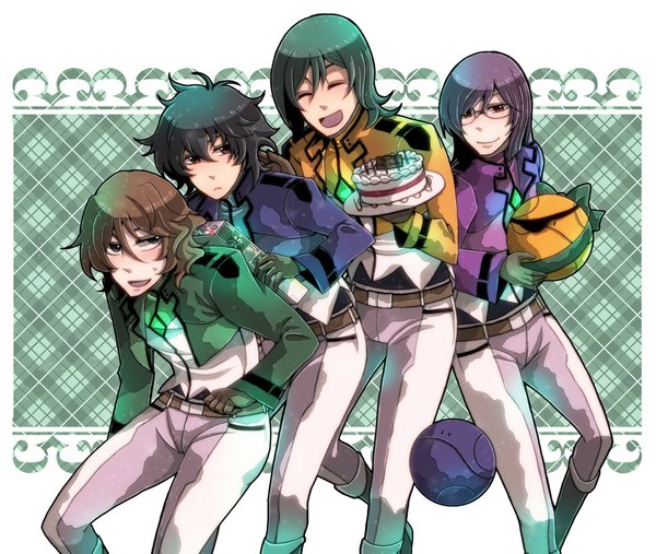 Anime picture 1182x1000 with mobile suit gundam mobile suit gundam 00 sunrise (studio) haro tieria erde setsuna f seiei lockon stratos allelujah haptism lyle dylandy sain (artist) open mouth black hair smile brown hair purple hair eyes closed green hair sweat group sweatdrop