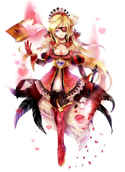 Anime picture 1000x1377 with alice in wonderland queen of hearts tagme (artist) single long hair tall image looking at viewer breasts light erotic simple background blonde hair smile large breasts white background purple eyes magic weightlessness girl dress petals