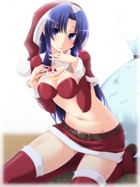 Anime picture 900x1200 with toradora j.c. staff kawashima ami nagami yuu long hair tall image looking at viewer blush breasts blue eyes light erotic simple background white background blue hair finger to mouth girl skirt sweets thigh boots santa claus hat