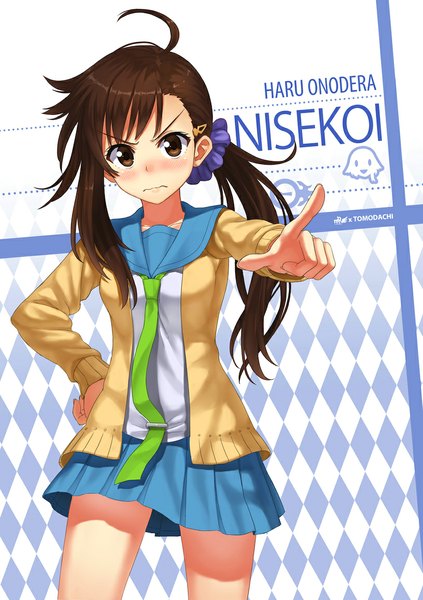 Anime picture 815x1155 with nisekoi shaft (studio) onodera haru npcpepper single tall image looking at viewer blush fringe brown hair standing brown eyes ahoge pleated skirt midriff hand on hip outstretched arm eyebrows outstretched hand serious
