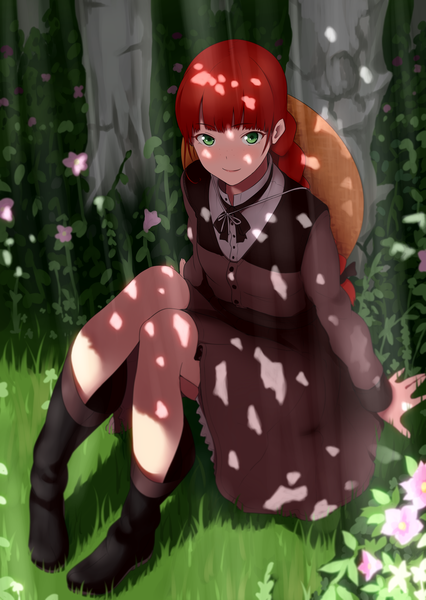 Anime picture 3000x4227 with anne of green gables nippon animation anne shirley kinniku1234 single long hair tall image looking at viewer blush highres green eyes full body red hair girl flower (flowers) plant (plants) hat tree (trees) boots