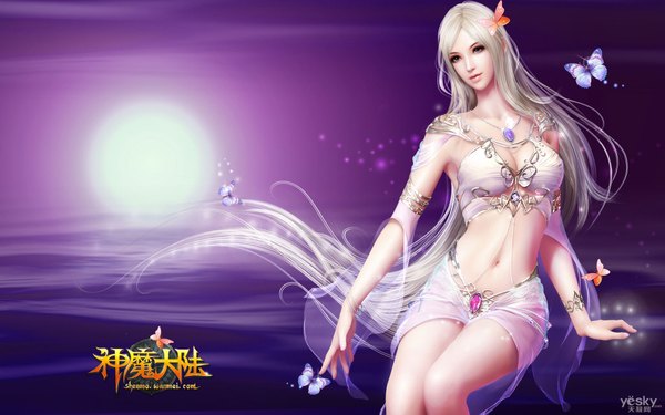Anime picture 1920x1200 with forsaken world single long hair looking at viewer highres blue eyes wide image white hair midriff girl dress navel hair ornament bracelet pendant insect butterfly necklace