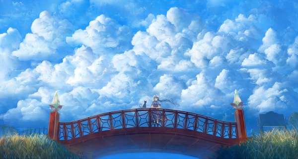 Anime picture 1820x975 with original bounin single long hair looking at viewer highres wide image blue hair sky cloud (clouds) black eyes arm support weightlessness girl dress animal cat blue dress bridge