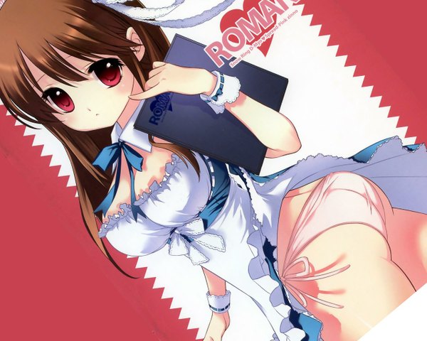 Anime picture 1280x1024 with shirahane nao single long hair blush breasts light erotic red eyes brown hair ass maid waitress girl underwear panties wrist cuffs