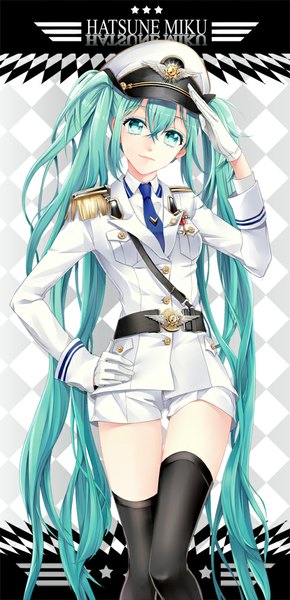 Anime picture 500x1033 with vocaloid hatsune miku cocoon (loveririn) single tall image looking at viewer twintails very long hair aqua eyes aqua hair hand on hip rhombus salute girl thighhighs gloves uniform black thighhighs white gloves military uniform
