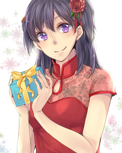 Anime picture 960x1200 with d.gray-man lenalee lee akatsuki kouya single long hair tall image blush black hair simple background smile hair between eyes purple eyes holding upper body traditional clothes head tilt hair flower short sleeves chinese clothes floral background