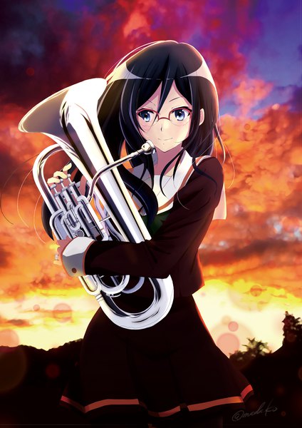 Anime picture 2067x2924 with hibike! euphonium kyoto animation tanaka asuka hare (hal0331) single long hair tall image highres blue eyes black hair looking away evening sunset girl uniform school uniform glasses musical instrument trumpet