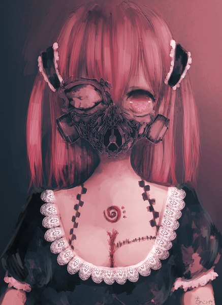 Anime picture 1277x1751 with original prostrate chan single long hair tall image looking at viewer fringe twintails pink hair pink eyes short sleeves scar girl gas mask