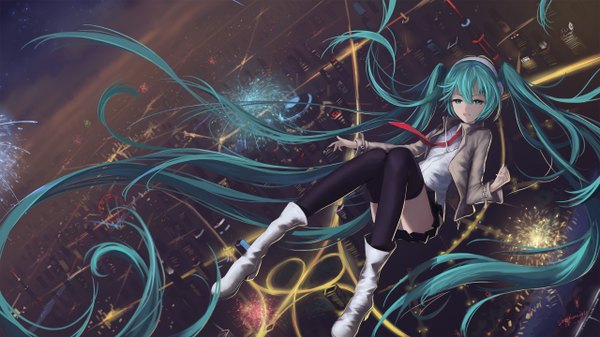 Anime picture 2560x1440 with vocaloid hatsune miku sombernight single highres wide image twintails very long hair aqua eyes aqua hair city lights girl thighhighs black thighhighs necktie jacket boots headphones