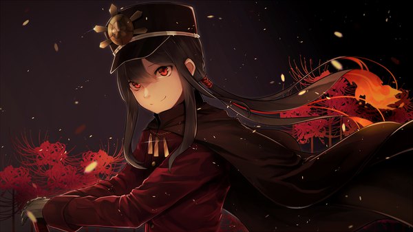 Anime picture 1200x674 with fate (series) fate/grand order oda nobukatsu (fate) kito koruta single long hair fringe black hair smile hair between eyes red eyes wide image standing holding payot looking away upper body ponytail wind black background