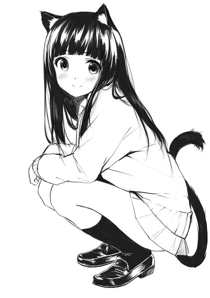 Anime picture 1000x1414 with original caidychen single long hair tall image looking at viewer blush fringe light erotic black hair simple background smile white background sitting animal ears full body tail blunt bangs animal tail pleated skirt
