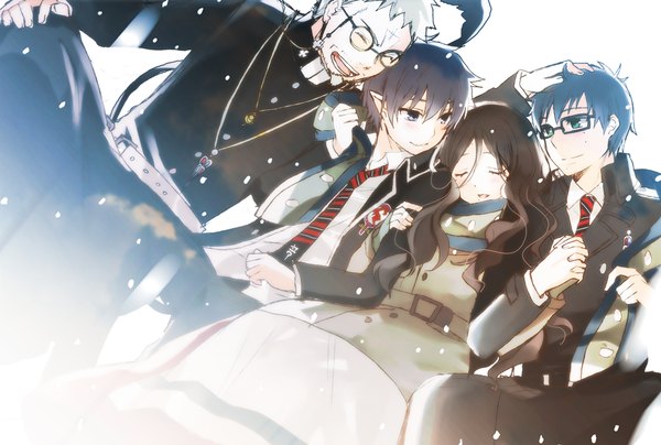 Anime picture 1100x741 with ao no exorcist a-1 pictures okumura rin okumura yukio fujimoto shirou egin yuri kurot long hair short hair blue eyes black hair simple background smile brown hair white background sitting green eyes blue hair purple hair lying