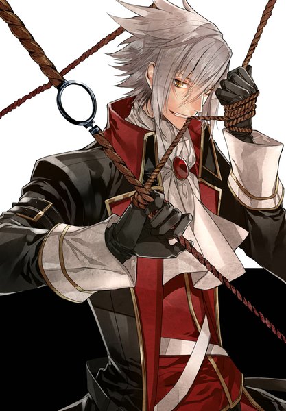 Anime picture 1600x2300 with jooubachi no kanbinaru kougou hakuoh single tall image looking at viewer short hair simple background smile white background yellow eyes silver hair grey hair bondage boy gloves cloak neckerchief brooch rope