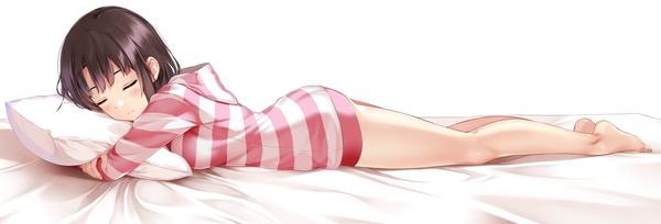 Anime picture 5500x1870 with saenai heroine no sodatekata a-1 pictures katou megumi misaki kurehito single blush highres short hair light erotic black hair wide image lying eyes closed official art bare legs sleeping girl pillow