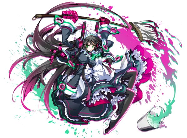 Anime picture 1349x1000 with original hong (white spider) long hair black hair green eyes multicolored hair maid high heels extra arms girl shoes headdress maid headdress apron splashes mop