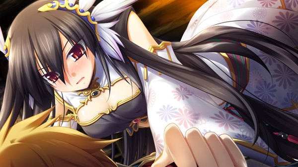Anime picture 1024x576 with kamidori alchemy meister yuela long hair blush black hair red eyes wide image game cg girl