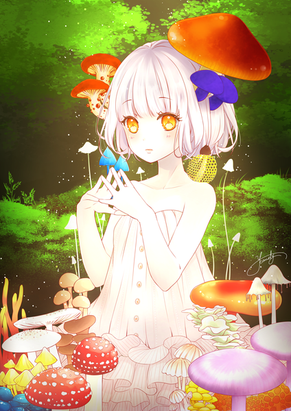 Anime picture 1191x1684 with original ahira yuzu single tall image blush fringe short hair bare shoulders signed yellow eyes looking away white hair blunt bangs hands clasped nature dust girl dress plant (plants) tree (trees)