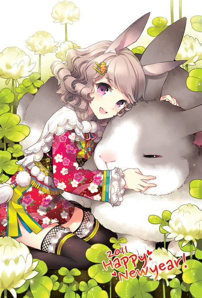Anime picture 543x800 with original nardack tall image looking at viewer short hair open mouth purple eyes animal ears grey hair bunny ears bunny girl new year happy new year girl thighhighs dress flower (flowers) black thighhighs animal bunny
