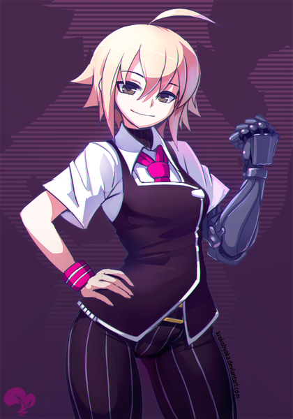 Anime picture 840x1200 with krokobyaka single tall image looking at viewer fringe short hair blonde hair smile hair between eyes brown eyes signed ahoge hand on hip mechanical mechanical arms girl shirt necktie white shirt pants