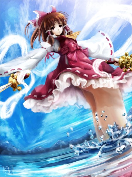 Anime picture 750x1000 with touhou hakurei reimu miyai haruki single tall image looking at viewer fringe short hair brown hair holding brown eyes sky cloud (clouds) traditional clothes japanese clothes from below partially submerged miko perspective girl