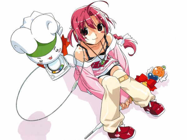 Anime picture 1600x1200 with nurse witch komugi-chan tatsunoko nakahara komugi mugimaru single long hair white background pink hair girl headphones staff bandaid