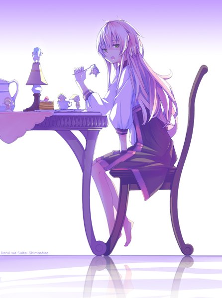 Anime picture 1897x2550 with original azling single long hair tall image fringe highres open mouth blue eyes sitting holding pink hair barefoot bare legs from below reflection eating girl dress skirt