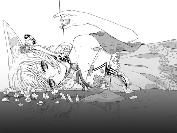 Anime picture 800x600 with original enk single long hair bare shoulders animal ears lying parted lips cherry blossoms monochrome looking up girl dress hair ornament plant (plants) petals tree (trees) ring branch thread