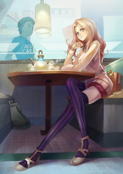 Anime picture 2480x3507 with original lascalis (artist) long hair tall image looking at viewer highres short hair blue eyes blonde hair smile sitting looking away long sleeves girl thighhighs boy skirt ring striped thighhighs cup