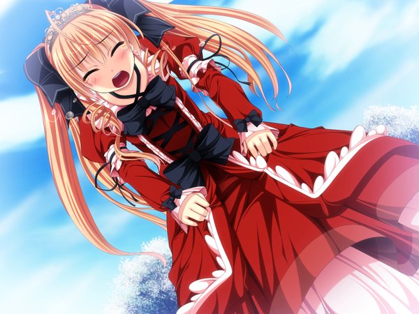 Anime picture 1600x1200 with duelist x engage erica flamberge long hair blush open mouth blonde hair twintails game cg eyes closed loli tears girl dress