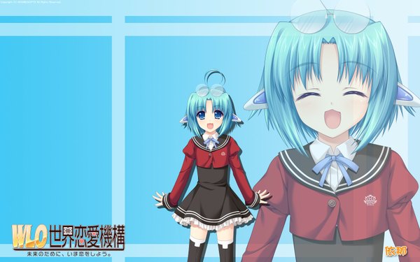 Anime picture 1680x1050 with w. l. o. sekai ren'ai kikou ina (w.l.o. sekai ren'ai kikou) short hair blue eyes wide image blue hair ahoge eyes closed glasses serafuku